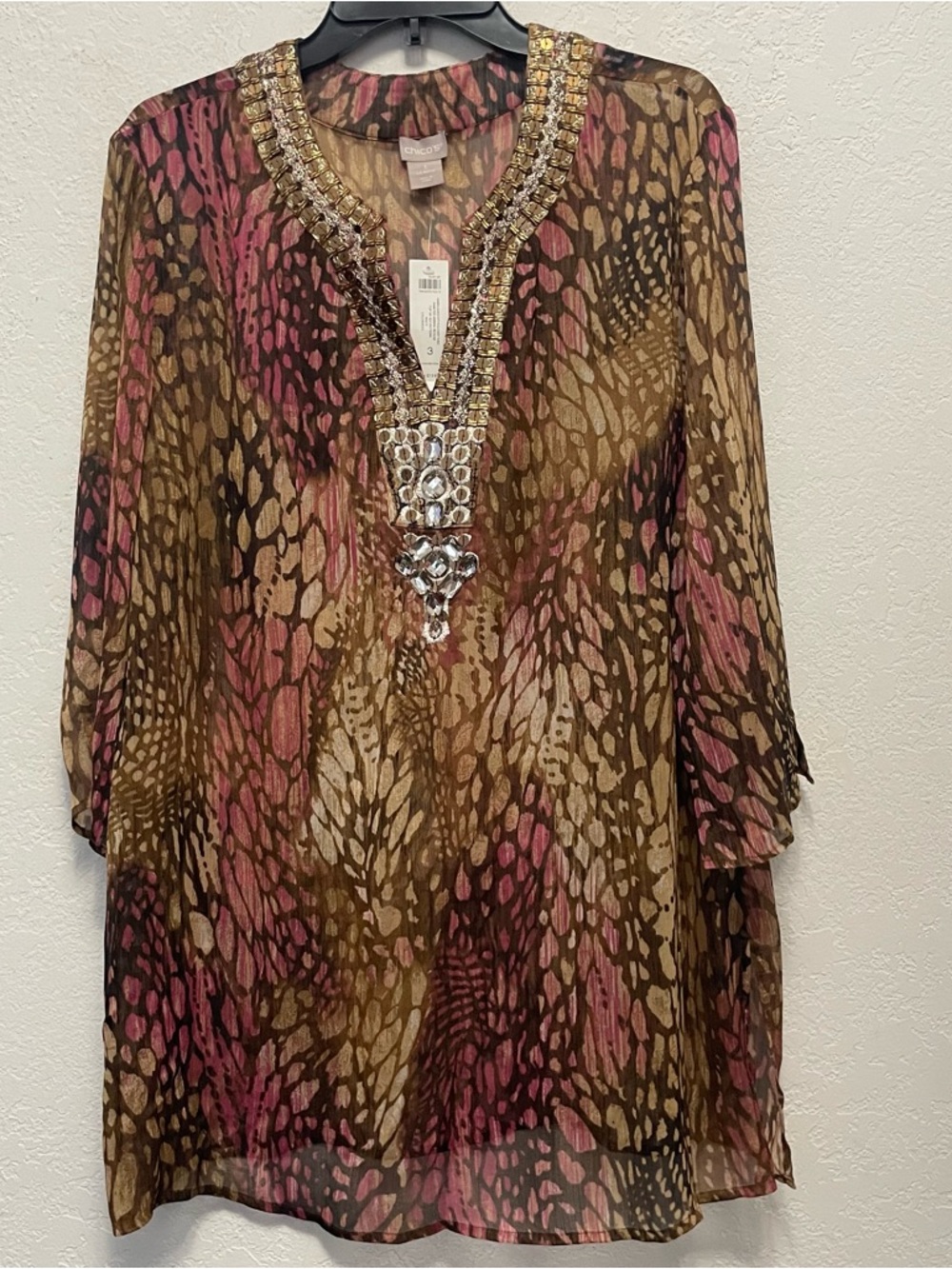Chico's Top Women's 3 US 16 Pink Gold Animal Print Sheer Embellished Tunic NEW